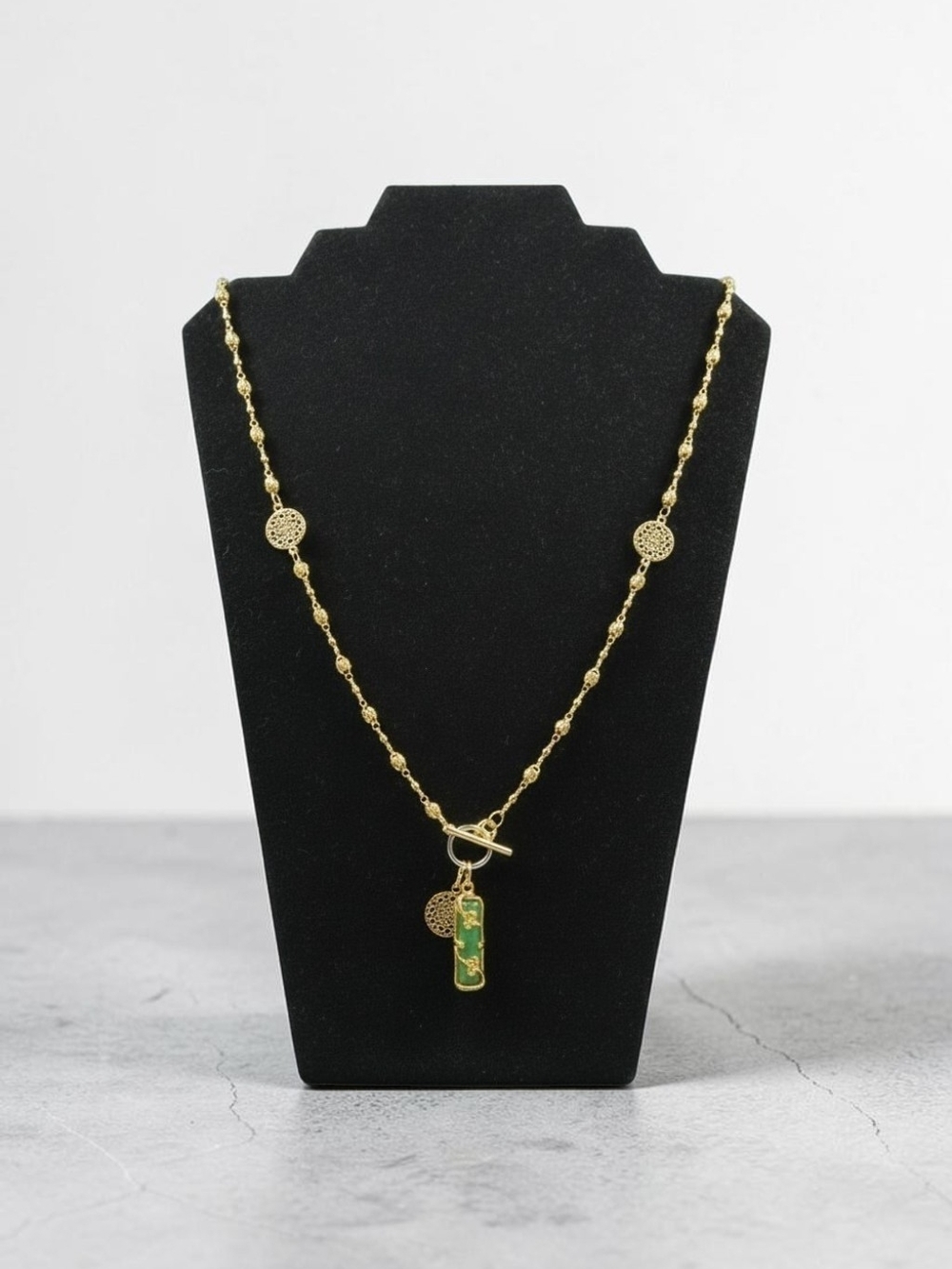 Gold Tone Green Resin Charm Toggle Necklace